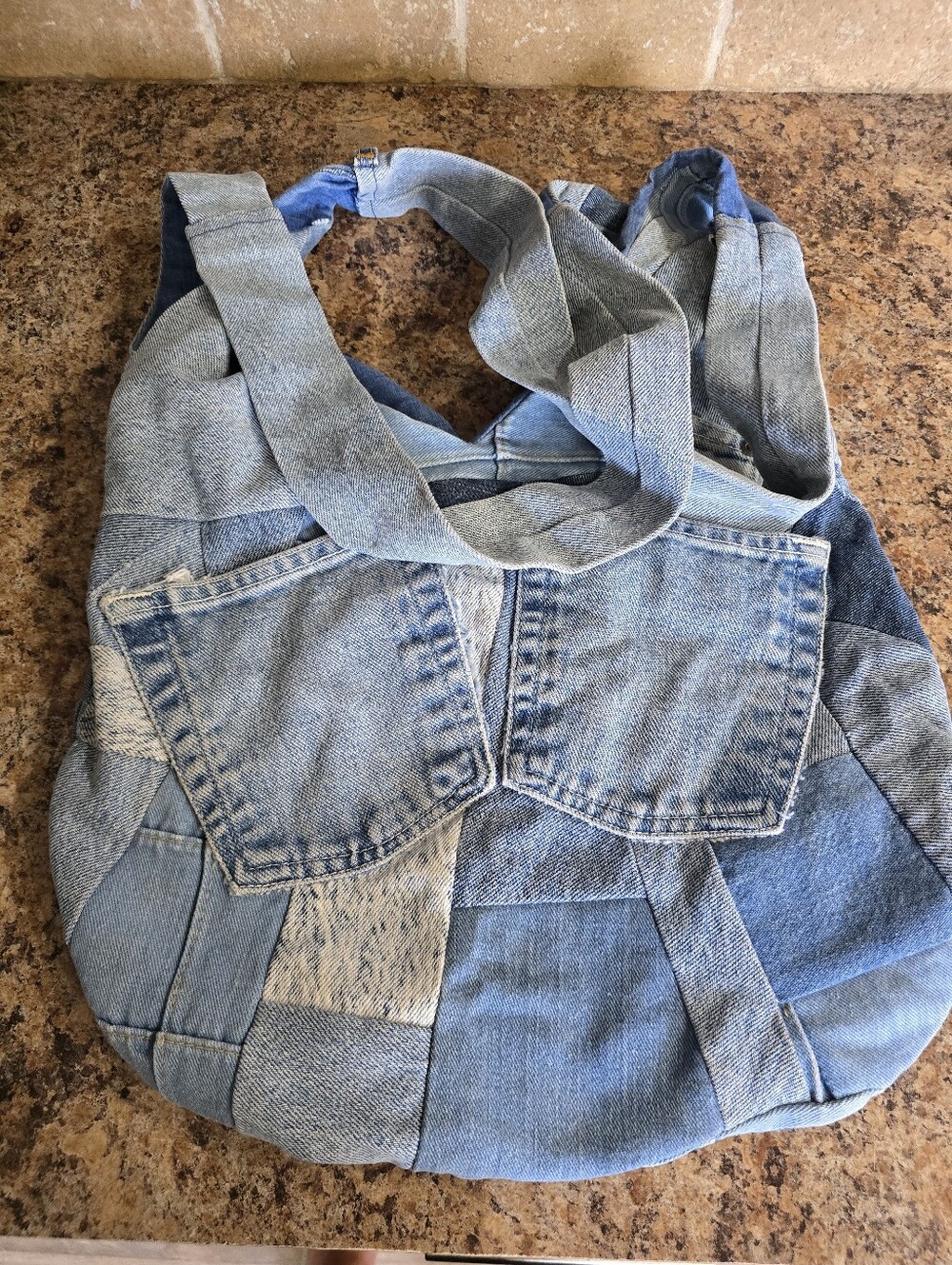 Handmade upcycled denim patchwork hobo tote bag
